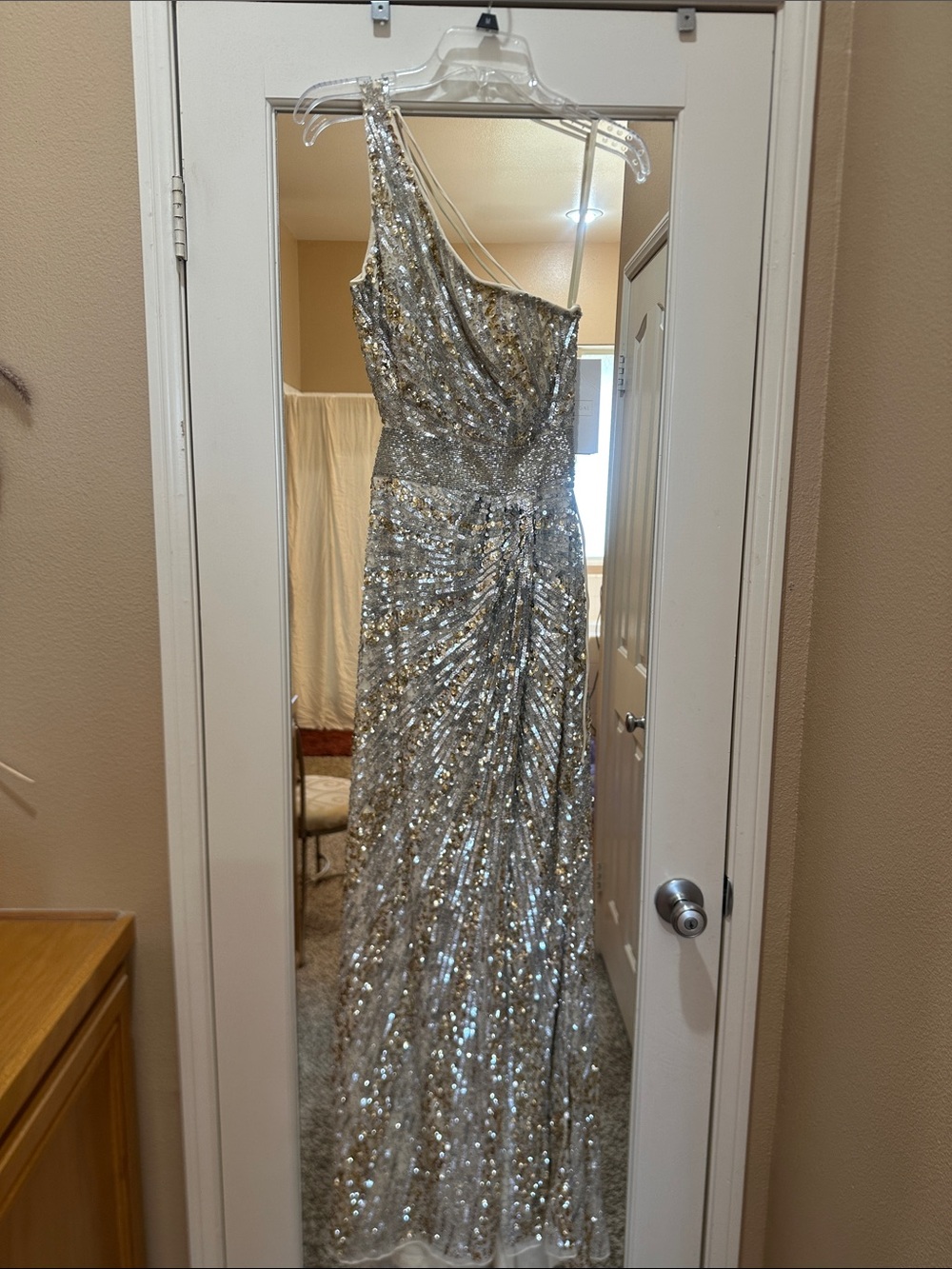 MacDuggal One-Shoulder Silver Sequin Evening Gown